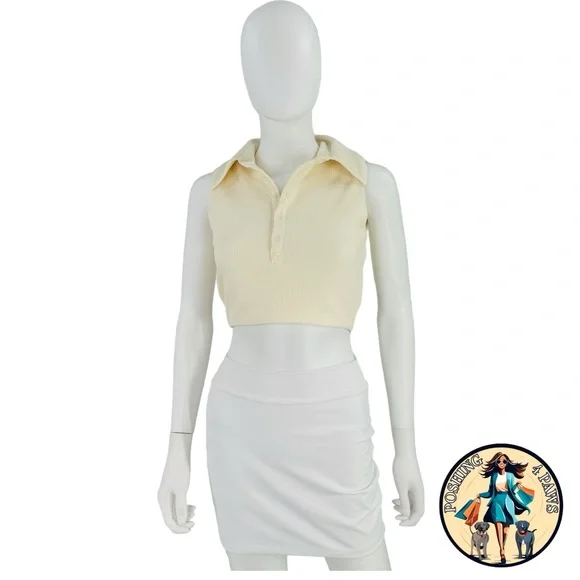 Camila Coelho Ivory Beja Waffle Tennis Prep Collared Preppy Crop Top XXS - Picture 2 of 11